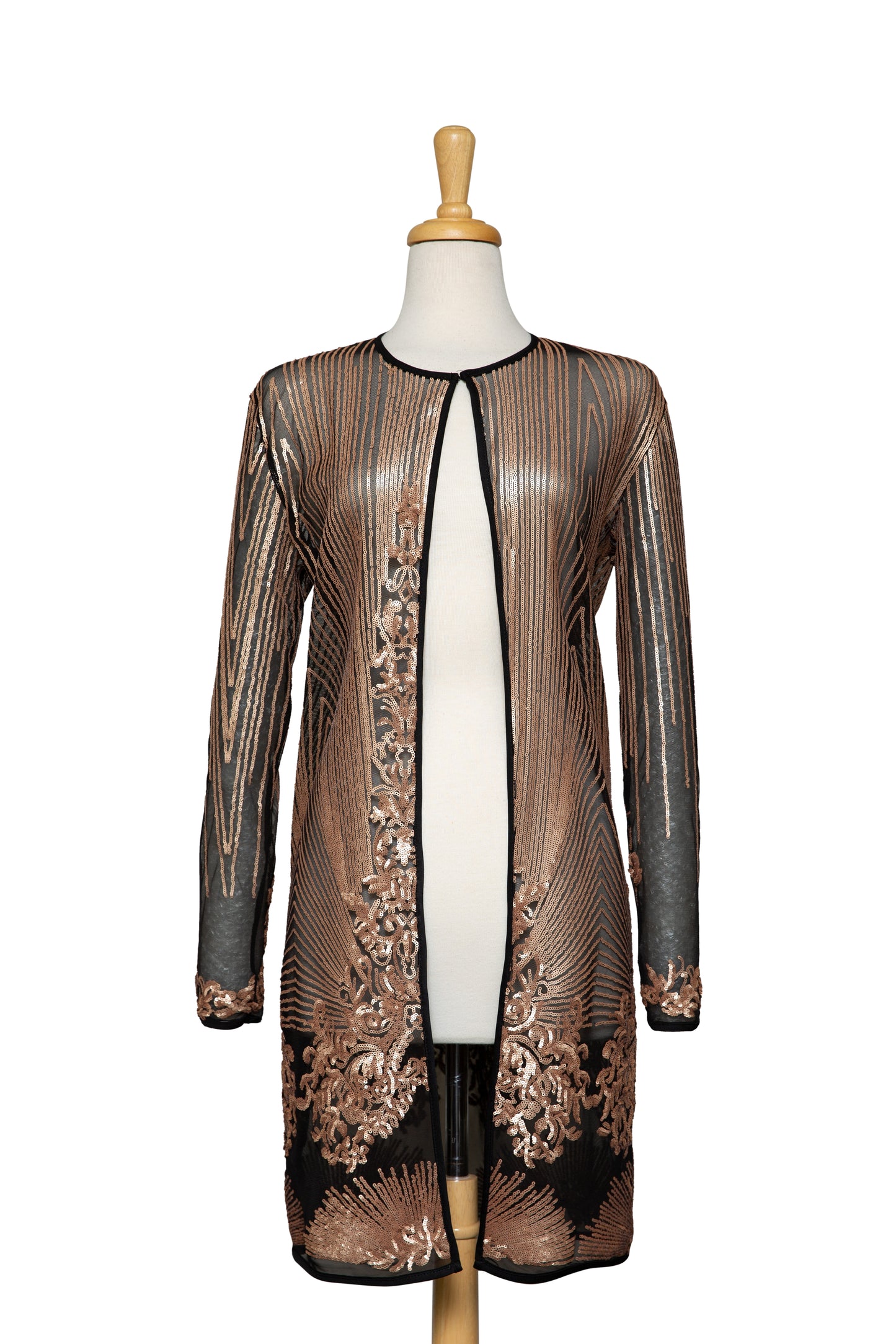 Plus Size Matte Gold Sequined Border Pattern 3/4 Length Lace Jacket