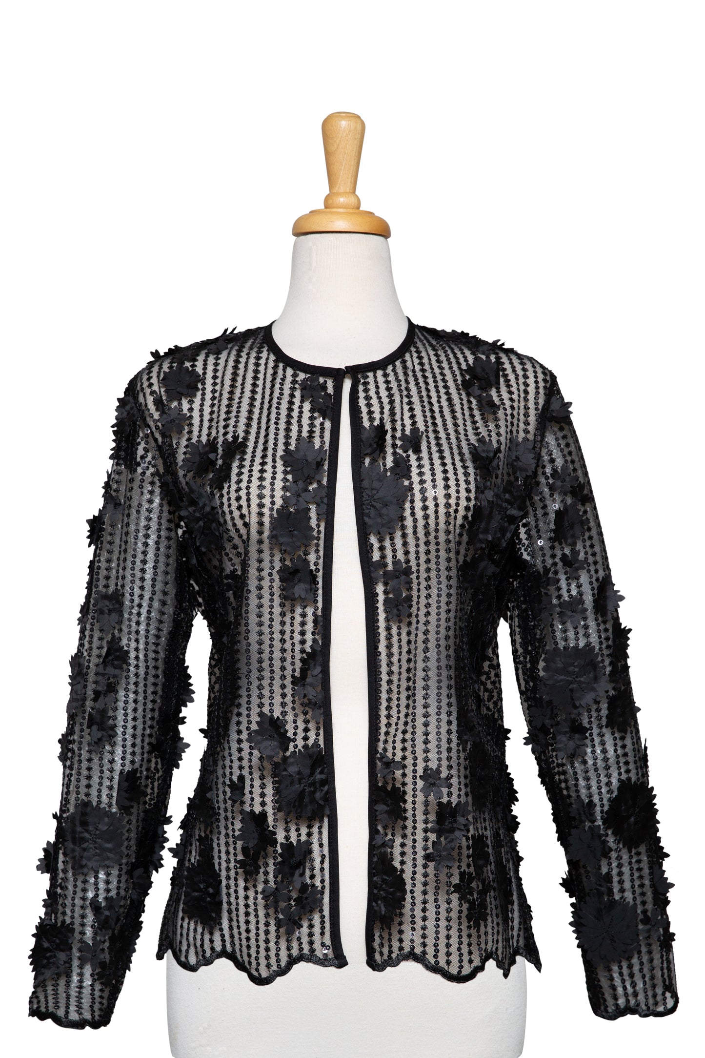 Plus Size Black 3D Floral Sequins Lace Jacket