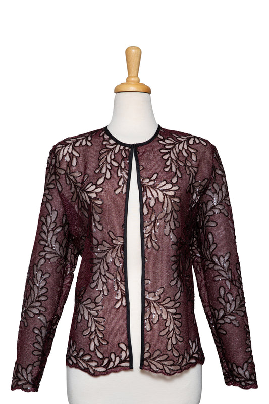 Burgundy and Black Floral Sequins Lace Jacket