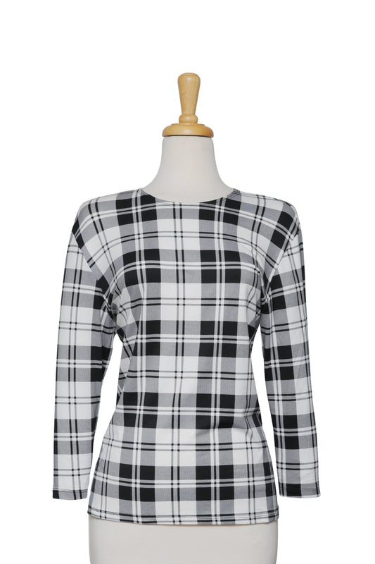 Black and White Plaid Cotton 3/4 Sleeve Top
