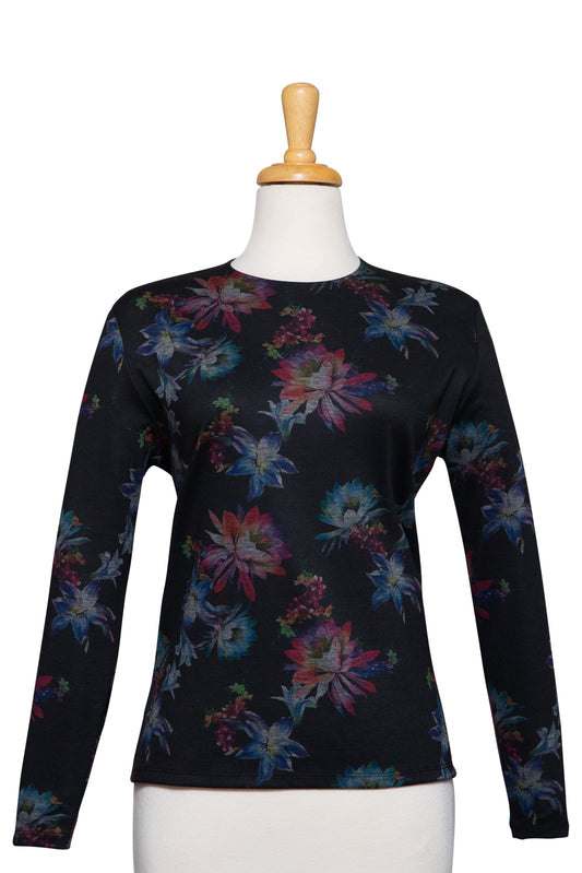 Black, Crimson and Shades of Blue Floral Ponte Knit Long Sleeve Knit Top