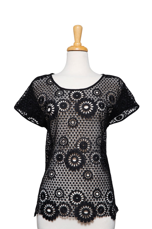 Black Floral Lace Short Sleeve Top With Solid Black Back
