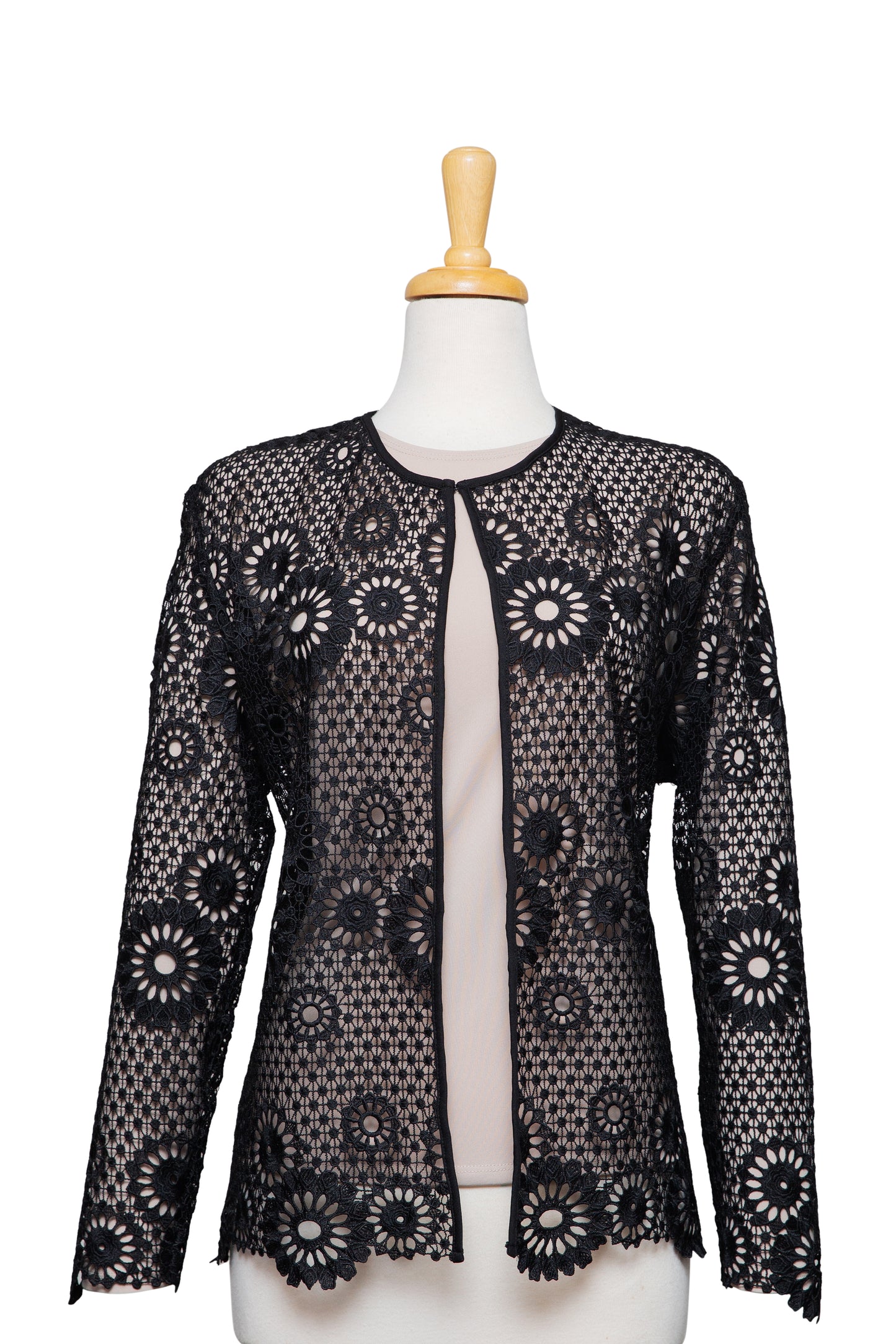 Two Piece Black Floral Display Lace Jacket With Sand Microfiber Long Sleeve Top