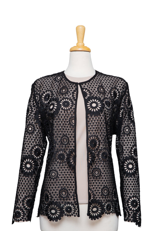 Two Piece Black Floral Display Lace Jacket With Sand Microfiber Long Sleeve Top