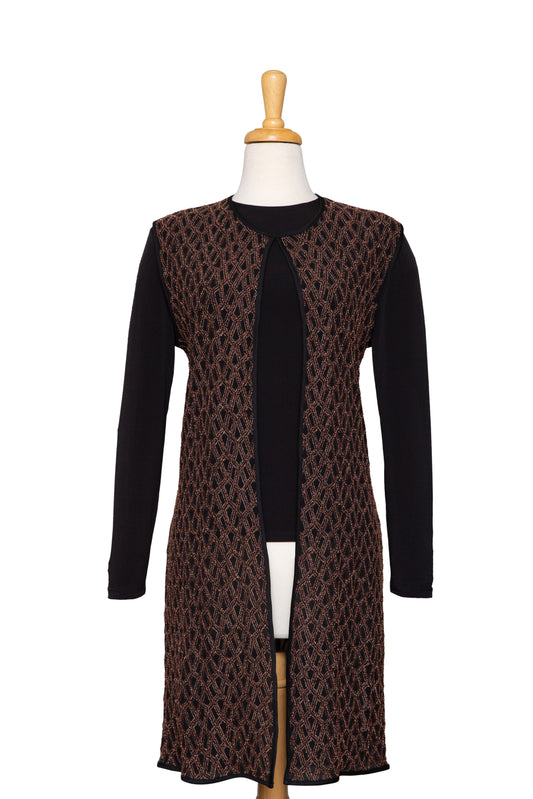 Plus Size Black and Rust Geometric Lace-Like Textured 3/4 Length Vest With Black Long Sleeve Microfiber Top