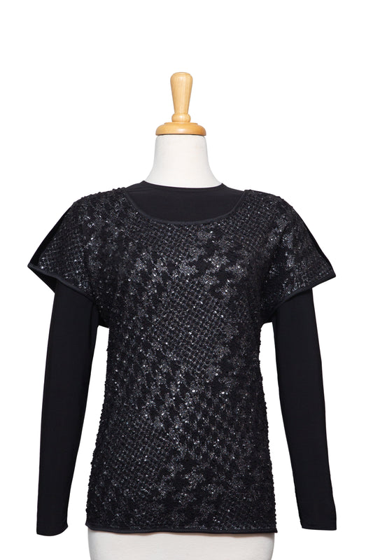 Black and Silver Metallic Boucle Knit Short Sleeve With Black Long Sleeve Microfiber Top