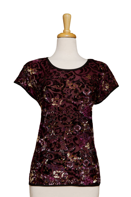 Shades of Purple and Cream Cut Velvet Short Sleeve Top