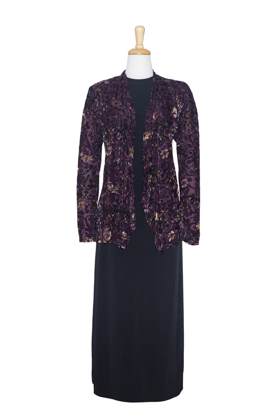 Three Piece Shades of Purple and Cream Floral Cut Velvet Jacket with Microfiber Skirt