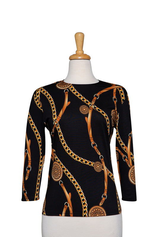 Black and Gold Chain Microfiber 3/4 Sleeve Top