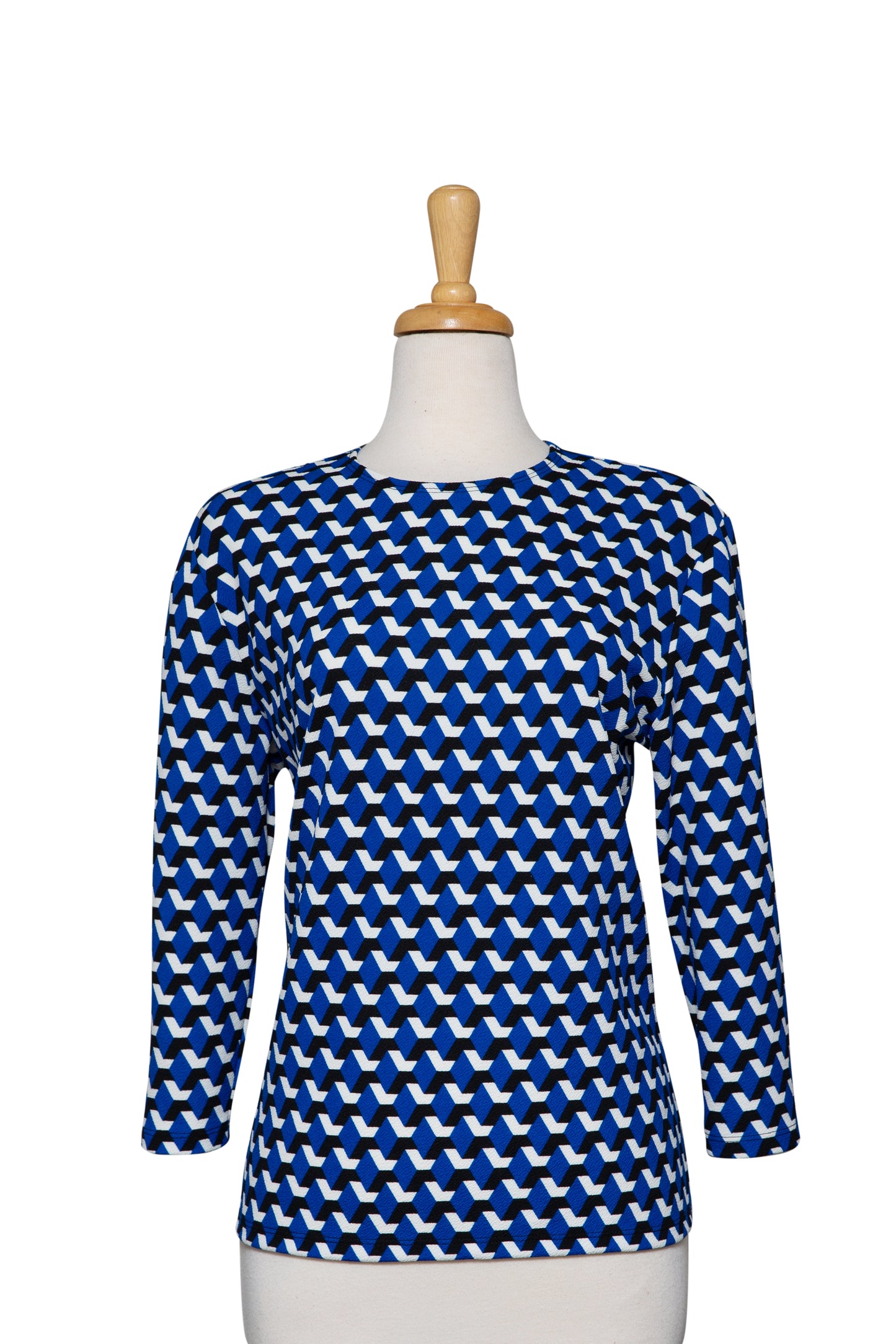 Royal Blue, Black and White Geometric Textured  3/4 Sleeve Top