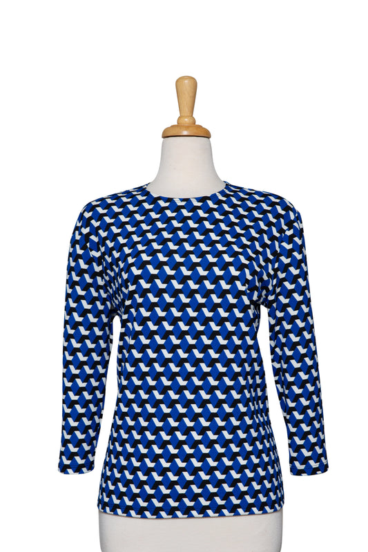 Royal Blue, Black and White Geometric Textured  3/4 Sleeve Top