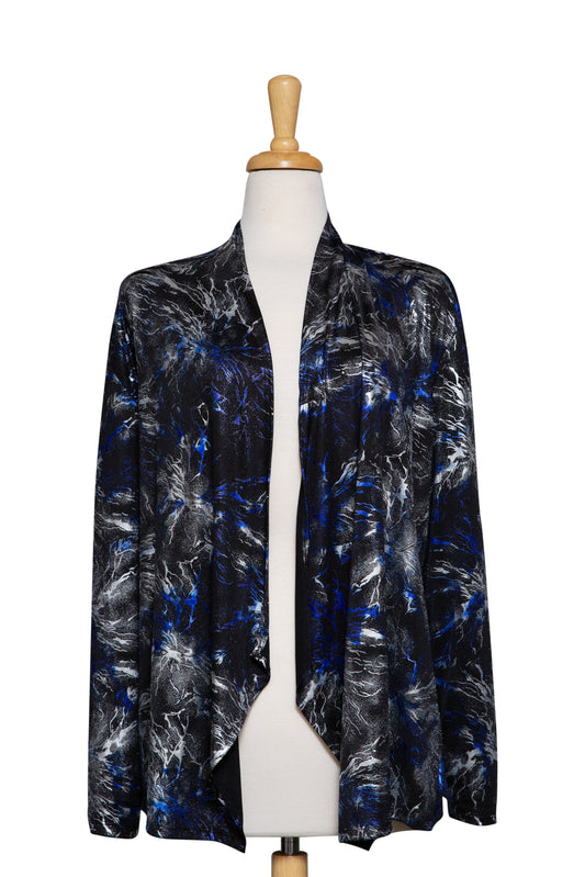 Plus Size Black, Royal and Silver Metallic Fireworks Microfiber Shawl Collar Jacket