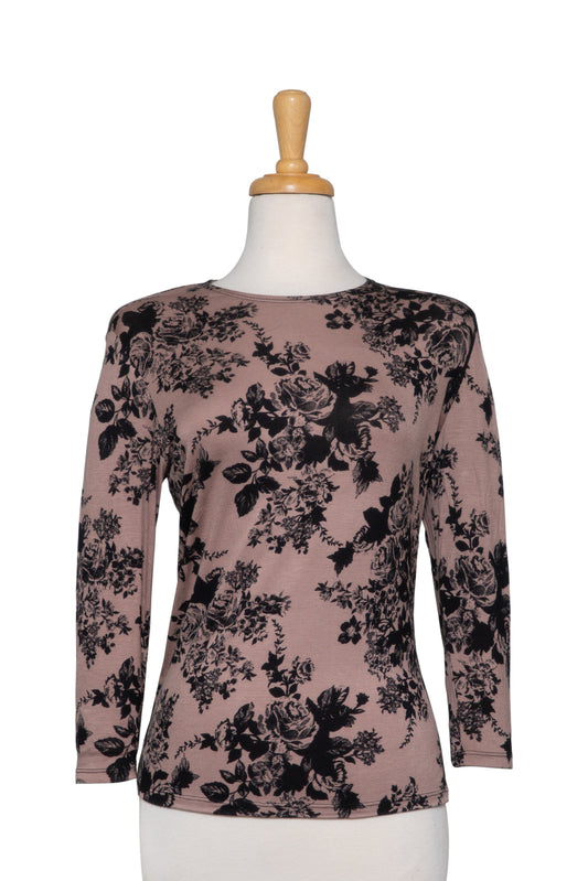 Plus Size Taupe and Black Floral 3/4 Sleeve Cotton Top