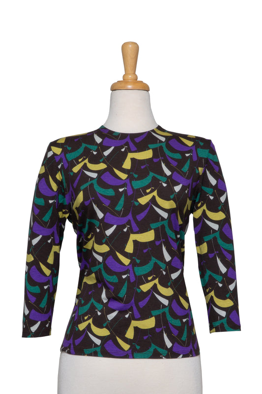 Plus Size Brown, Purple and Teal Abstract Pattern 3/4 Sleeve Cotton Top