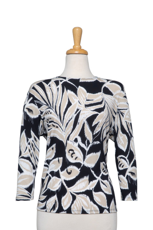 Plus Size Black, White and Beige Tropical Leaves Textured Print Microfiber 3/4 Sleeve Top