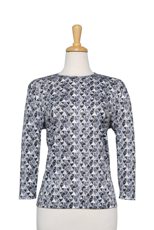 Plus Size Shades of Grey and White Triangles Display Microfiber 3/4 Sleeve Top