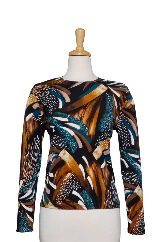 Black, Teal and Tan Abstract Brushstrokes Textured Microfiber Long Sleeve Top