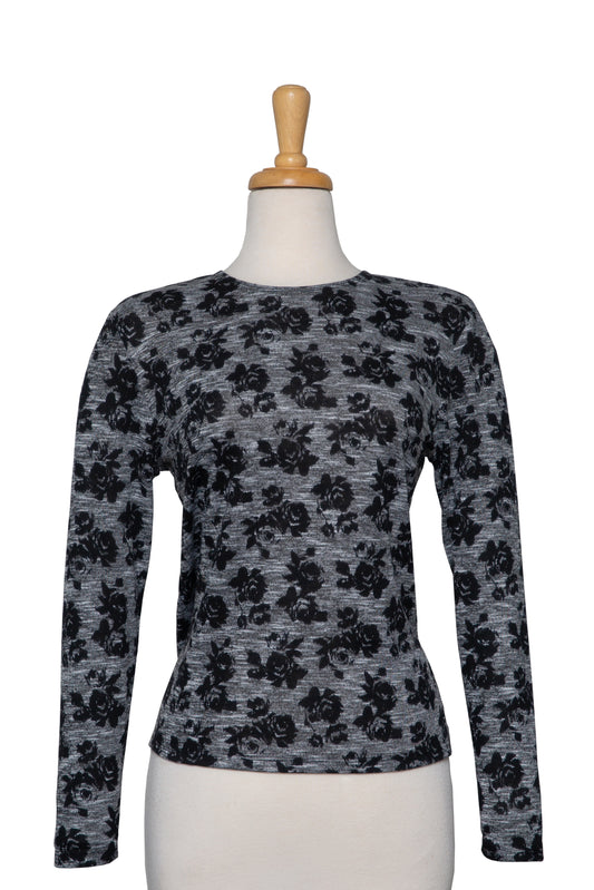 Grey and Black Floral Long Sleeve Knit Top