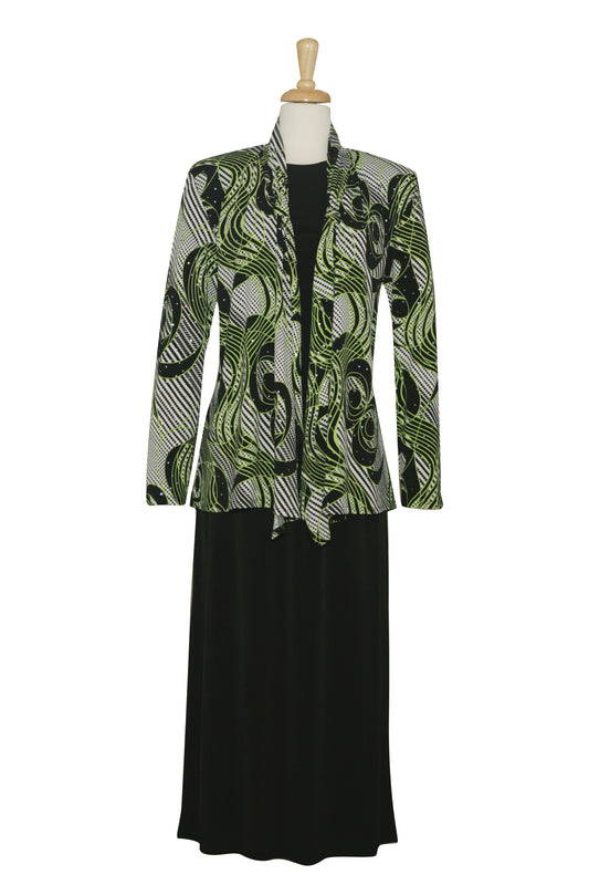 Three Piece Black & Lime Swirl Shawl Collar Set